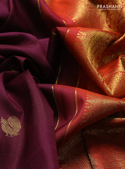 Pure kanchipuram silk saree wine shade and orange with annam & rudhraksha zari woven buttas and rich zari woven border