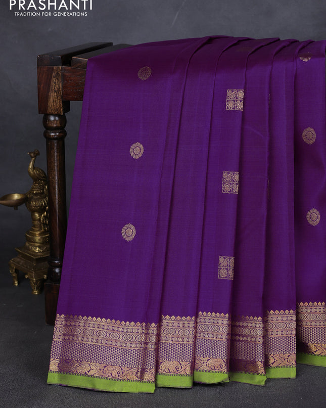 Pure kanchipuram silk saree purple and light green with zari woven buttas and thread & zari woven border