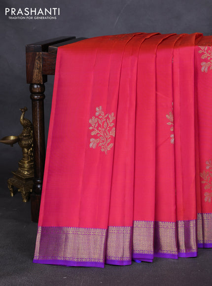 Pure kanchipuram silk saree dual shade of pinkish orange and purple with silver & gold zari woven floral buttas and zari woven border