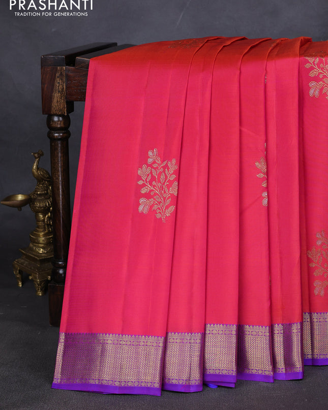 Pure kanchipuram silk saree dual shade of pinkish orange and purple with silver & gold zari woven floral buttas and zari woven border