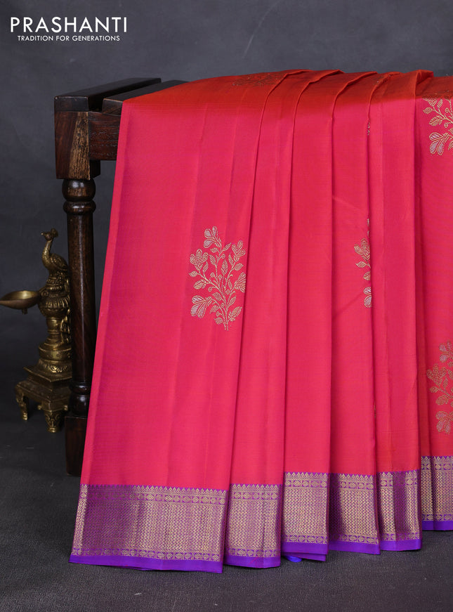 Pure kanchipuram silk saree dual shade of pinkish orange and purple with silver & gold zari woven floral buttas and zari woven border