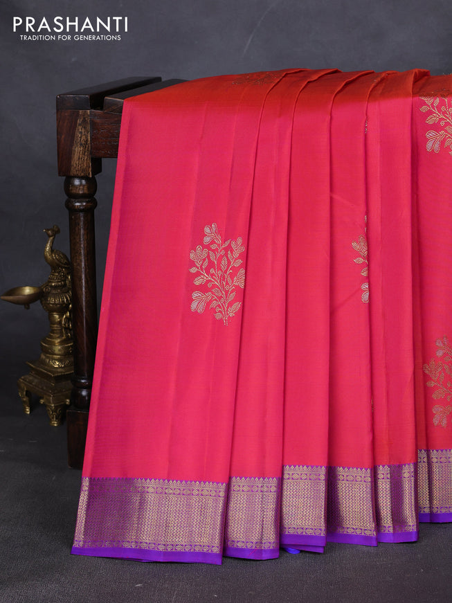 Pure kanchipuram silk saree dual shade of pinkish orange and purple with silver & gold zari woven floral buttas and zari woven border