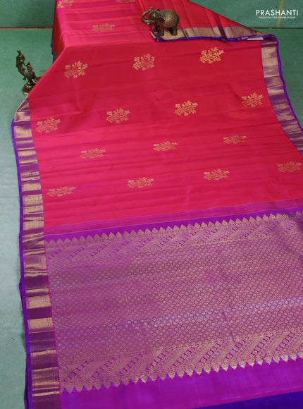 Pure kanchipuram silk saree dual shade of pinkish orange and purple with silver & gold zari woven floral buttas and zari woven border