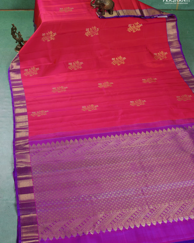 Pure kanchipuram silk saree dual shade of pinkish orange and purple with silver & gold zari woven floral buttas and zari woven border
