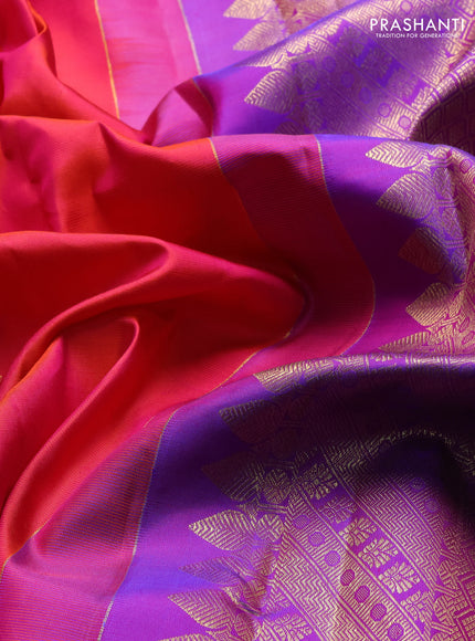 Pure kanchipuram silk saree dual shade of pinkish orange and purple with silver & gold zari woven floral buttas and zari woven border