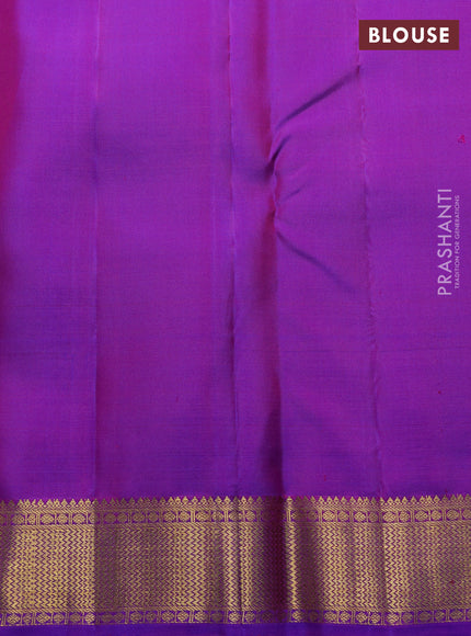 Pure kanchipuram silk saree dual shade of pinkish orange and purple with silver & gold zari woven floral buttas and zari woven border