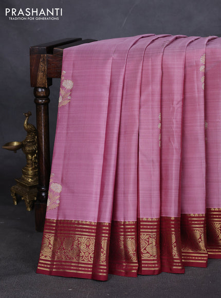 Pure kanchipuram silk saree pastel pink and maroon with silver & gold zari woven floral buttas and annam zari woven border