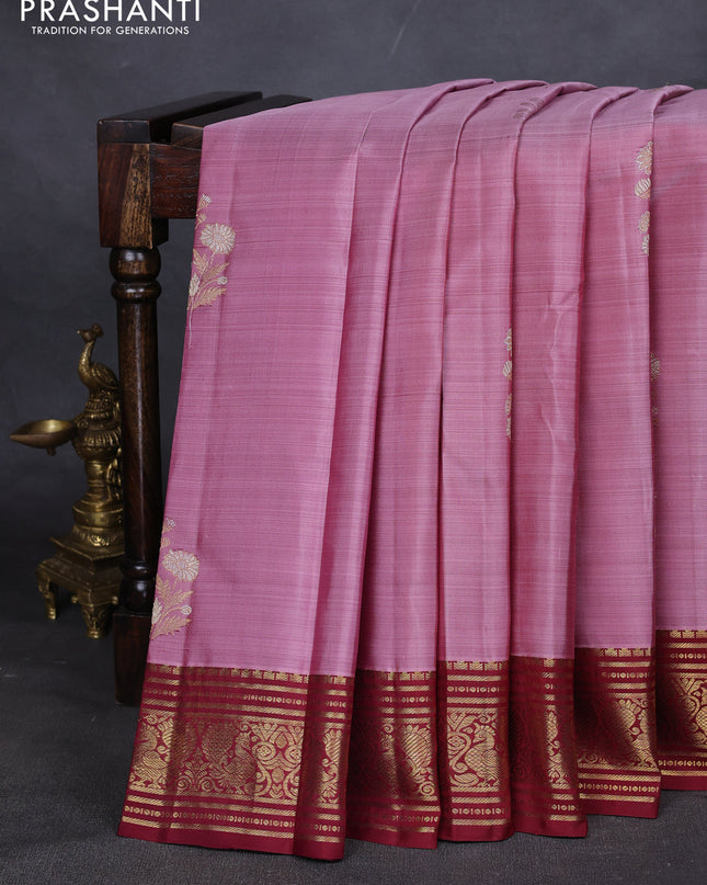 Pure kanchipuram silk saree pastel pink and maroon with silver & gold zari woven floral buttas and annam zari woven border