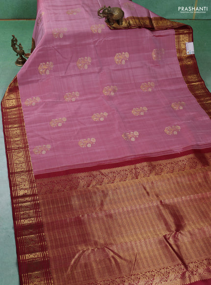 Pure kanchipuram silk saree pastel pink and maroon with silver & gold zari woven floral buttas and annam zari woven border