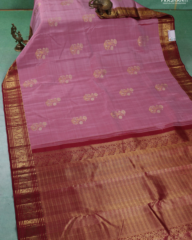 Pure kanchipuram silk saree pastel pink and maroon with silver & gold zari woven floral buttas and annam zari woven border