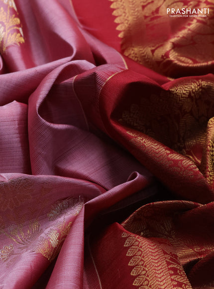Pure kanchipuram silk saree pastel pink and maroon with silver & gold zari woven floral buttas and annam zari woven border
