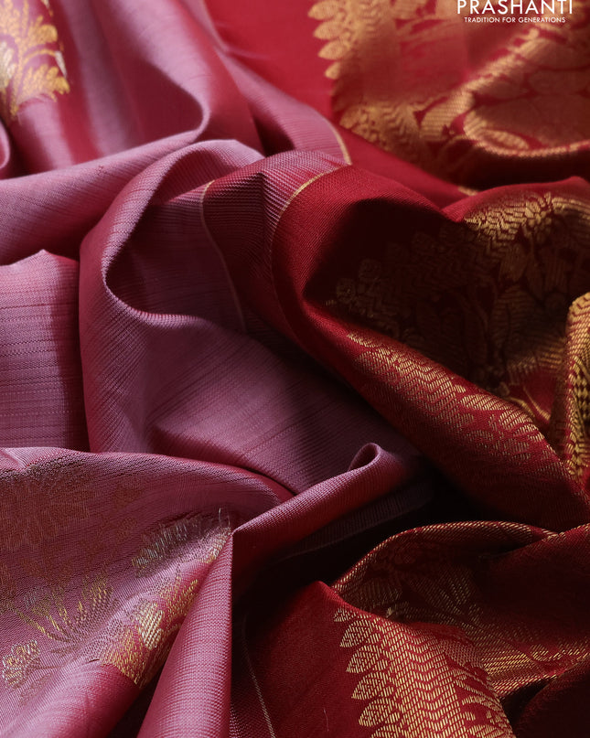 Pure kanchipuram silk saree pastel pink and maroon with silver & gold zari woven floral buttas and annam zari woven border