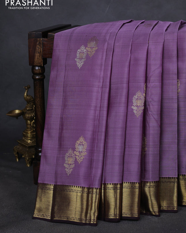 Pure kanchipuram silk saree lavender and coffee brown with zari woven buttas and zari woven border