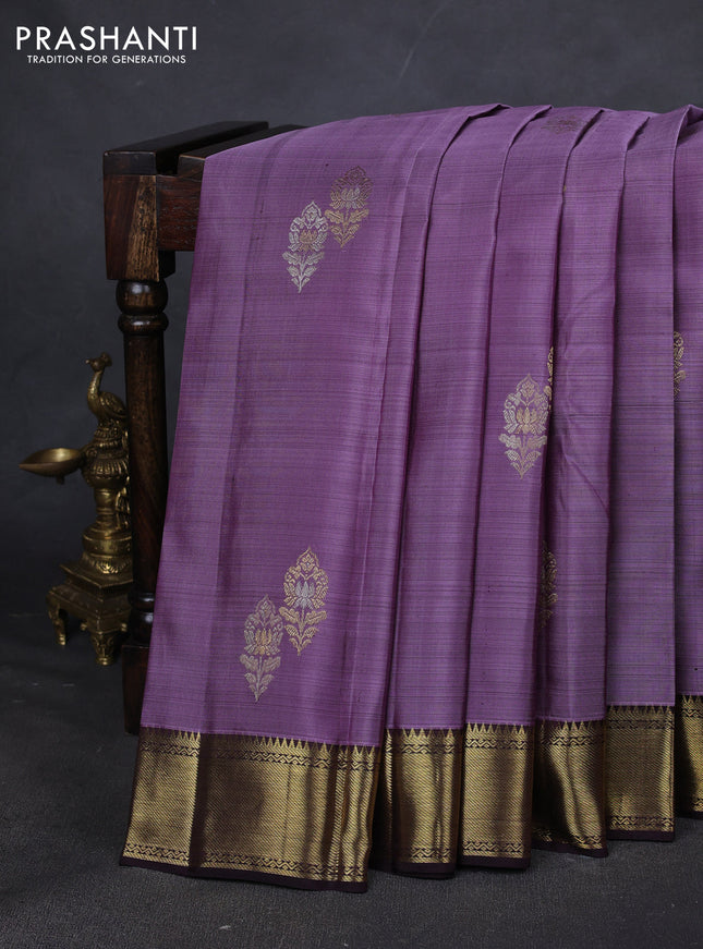 Pure kanchipuram silk saree lavender and coffee brown with zari woven buttas and zari woven border