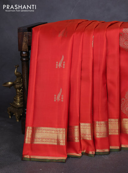 Pure kanchipuram silk saree rustic orange and green with zari woven buttas and rettapet zari woven border