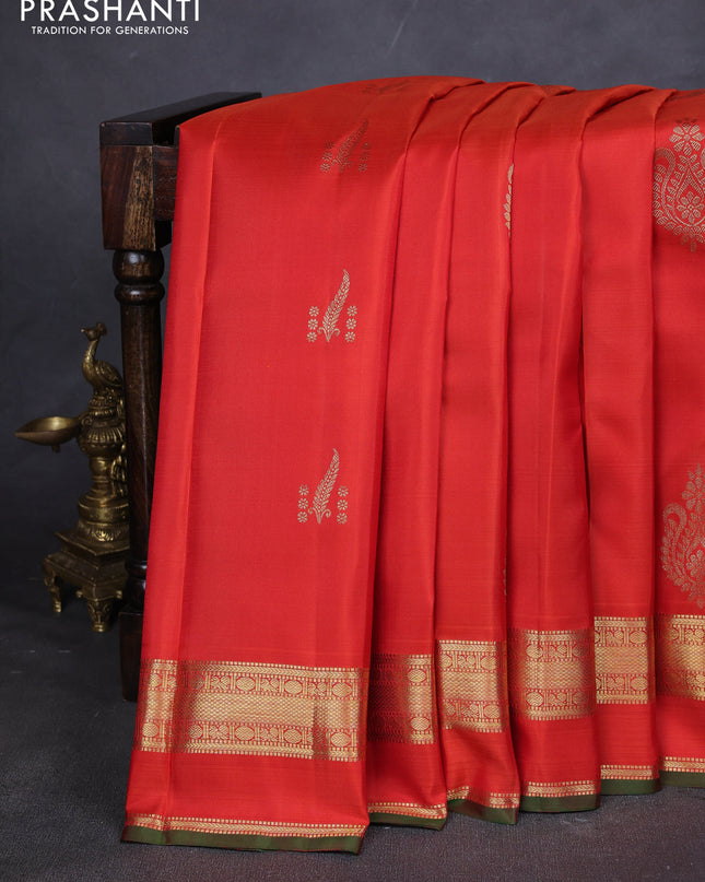 Pure kanchipuram silk saree rustic orange and green with zari woven buttas and rettapet zari woven border