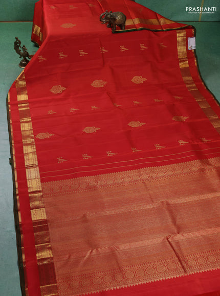 Pure kanchipuram silk saree rustic orange and green with zari woven buttas and rettapet zari woven border