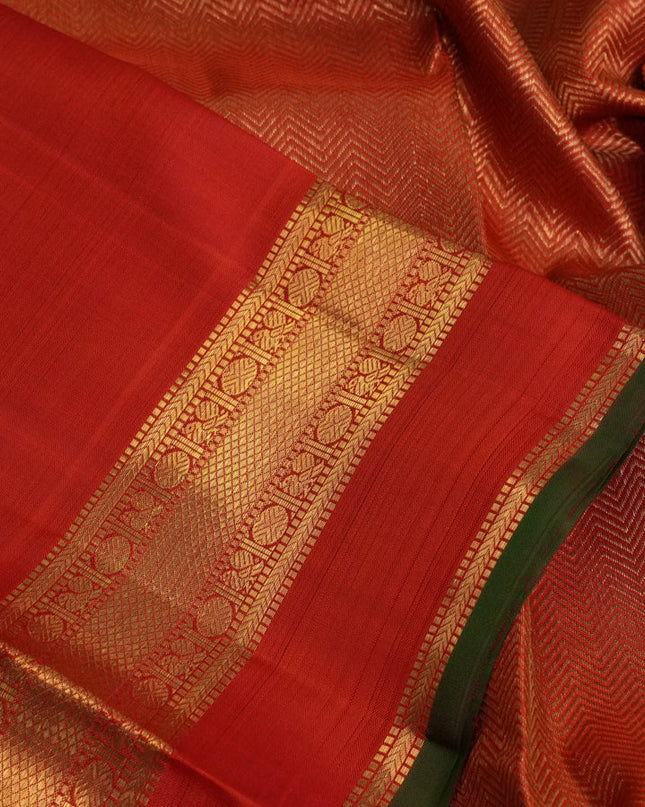 Pure kanchipuram silk saree rustic orange and green with zari woven buttas and rettapet zari woven border
