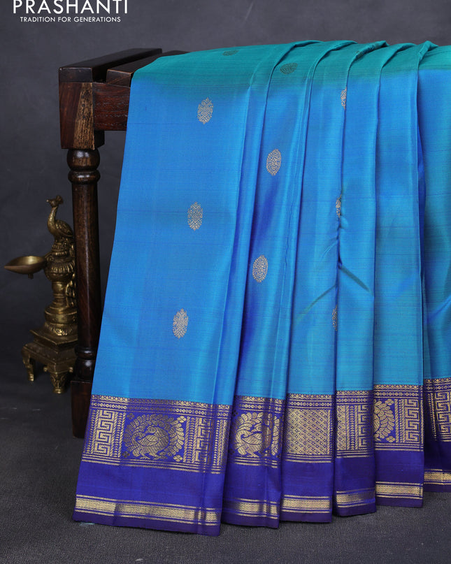 Pure kanchipuram silk saree teal blue with zari woven buttas and zari woven border