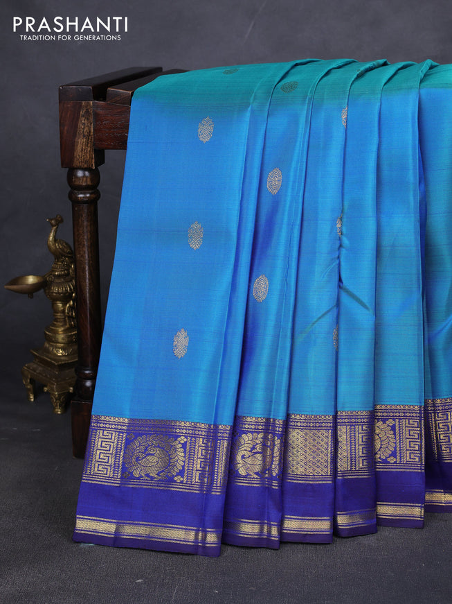 Pure kanchipuram silk saree teal blue with zari woven buttas and zari woven border