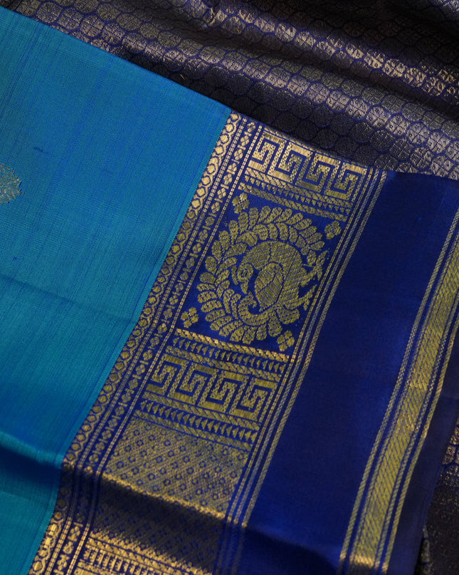 Pure kanchipuram silk saree teal blue with zari woven buttas and zari woven border