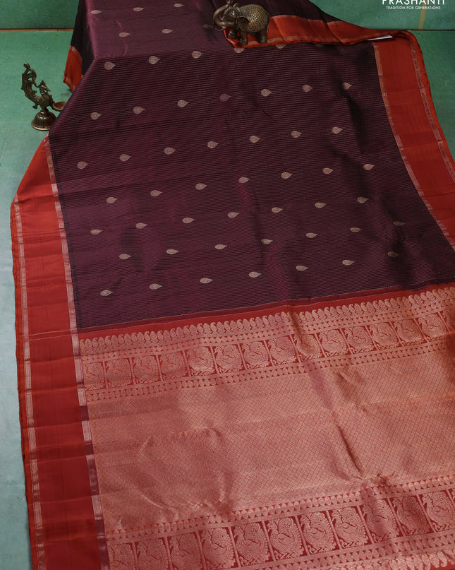 Pure kanchipuram silk saree deep maroon with allover zari weaves & buttas and rettapet zari woven border