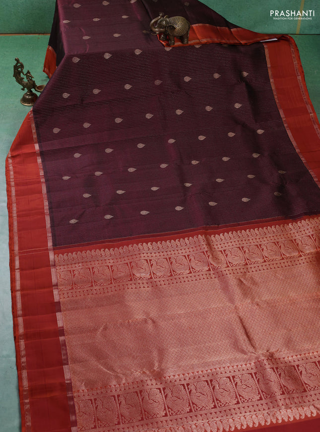 Pure kanchipuram silk saree deep maroon with allover zari weaves & buttas and rettapet zari woven border