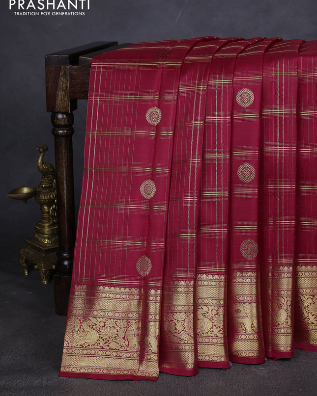 Pure kanchipuram silk saree maroon with allover zari checks & buttas and zari woven border