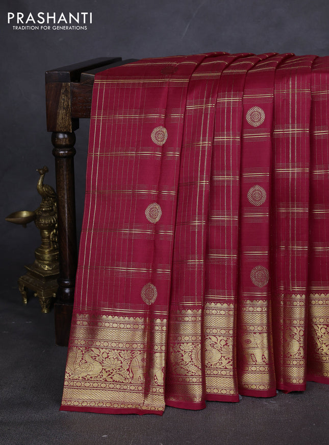 Pure kanchipuram silk saree maroon with allover zari checks & buttas and zari woven border