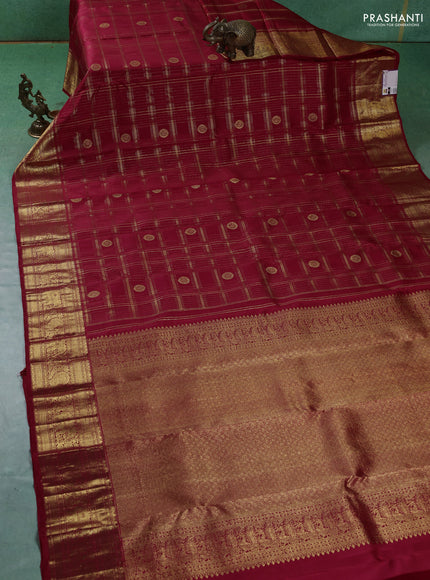 Pure kanchipuram silk saree maroon with allover zari checks & buttas and zari woven border