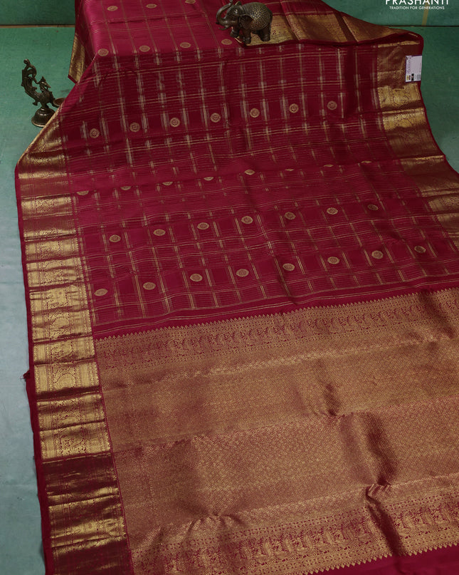 Pure kanchipuram silk saree maroon with allover zari checks & buttas and zari woven border