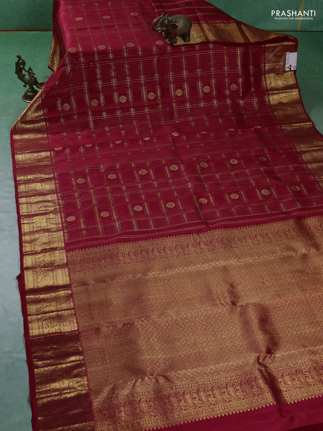 Pure kanchipuram silk saree maroon with allover zari checks & buttas and zari woven border