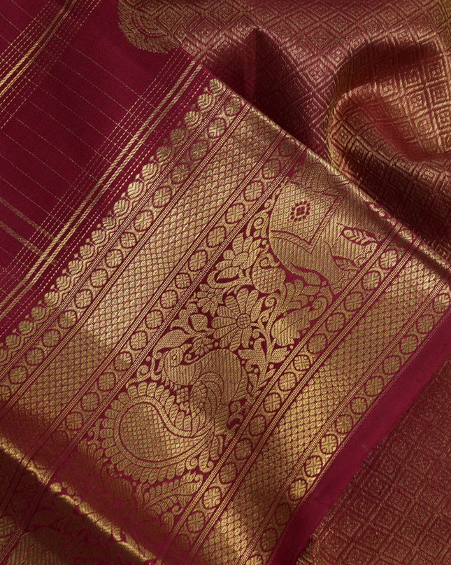 Pure kanchipuram silk saree maroon with allover zari checks & buttas and zari woven border