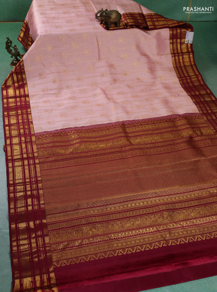 Pure kanchipuram silk saree peach pink and maroon with allover zari weaves and zari woven korvai border
