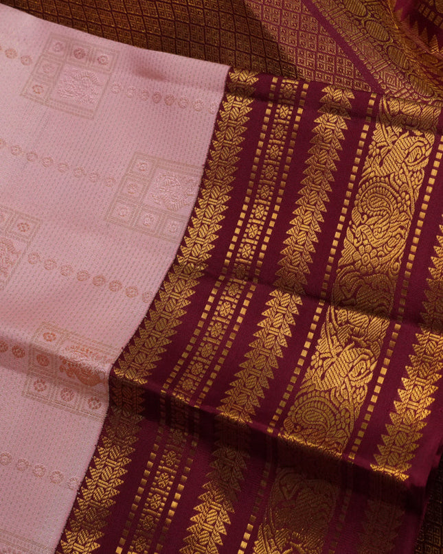 Pure kanchipuram silk saree peach pink and maroon with allover zari weaves and zari woven korvai border