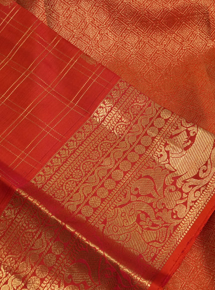 Pure kanchipuram silk saree orange with allover zari checks & buttas and zari woven border