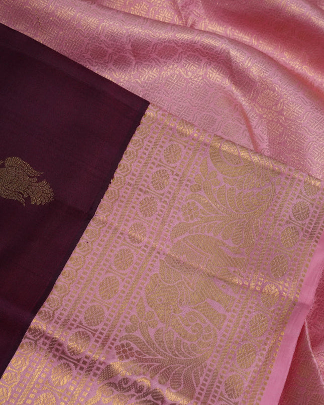 Pure kanchipuram silk saree dark magenta pink and light pink with zari woven buttas and zari woven border