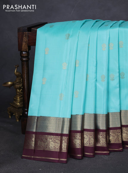 Pure kanchipuram silk saree teal blue and coffee brown with zari woven buttas and zari woven border