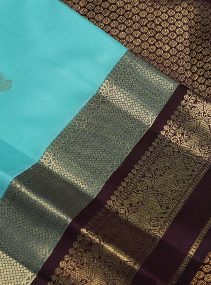 Pure kanchipuram silk saree teal blue and coffee brown with zari woven buttas and zari woven border