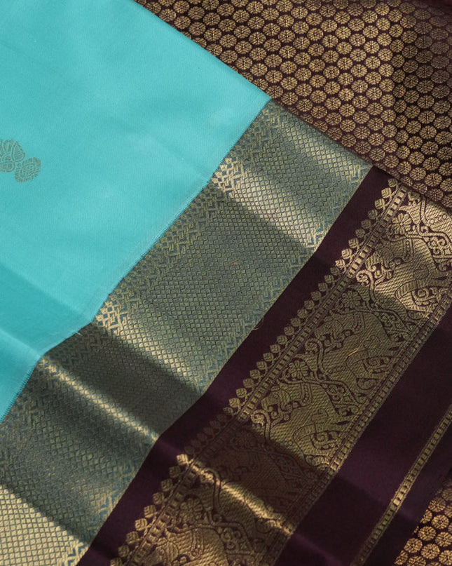 Pure kanchipuram silk saree teal blue and coffee brown with zari woven buttas and zari woven border