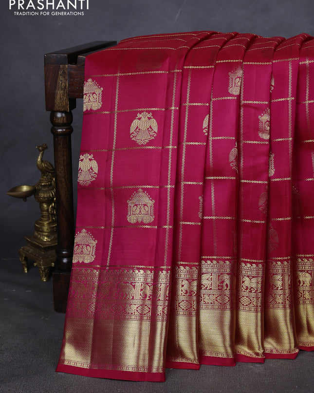 Pure kanchipuram silk saree dual shade of pink with allover zari checks & buttas and zari woven korvai border