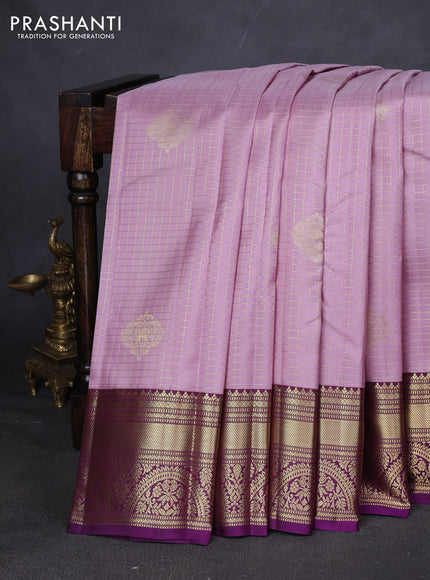 Pure kanchipuram silk saree pastel pink and purple with allover zari checks & buttas and zari woven korvai border