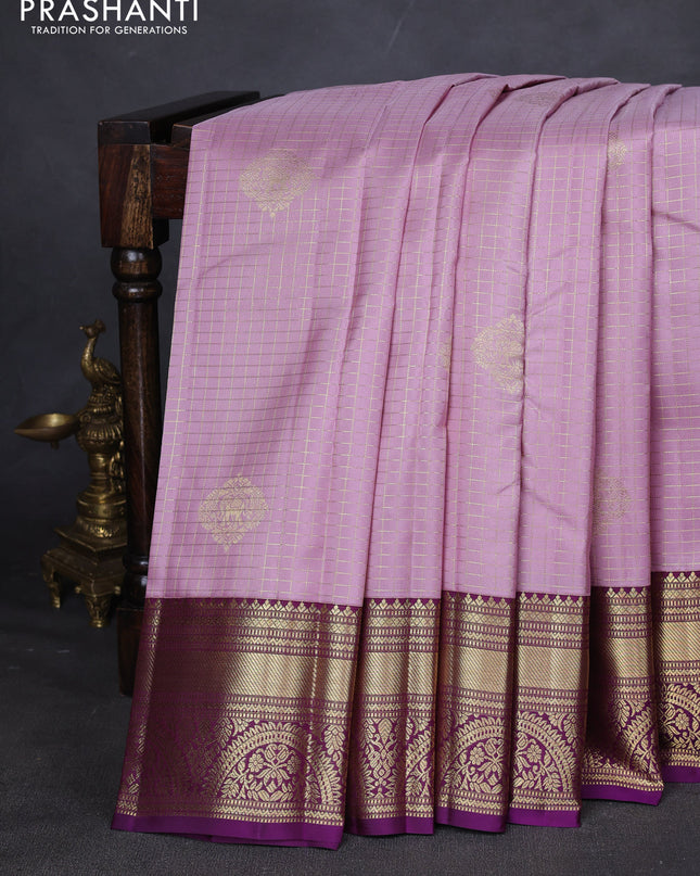 Pure kanchipuram silk saree pastel pink and purple with allover zari checks & buttas and zari woven korvai border