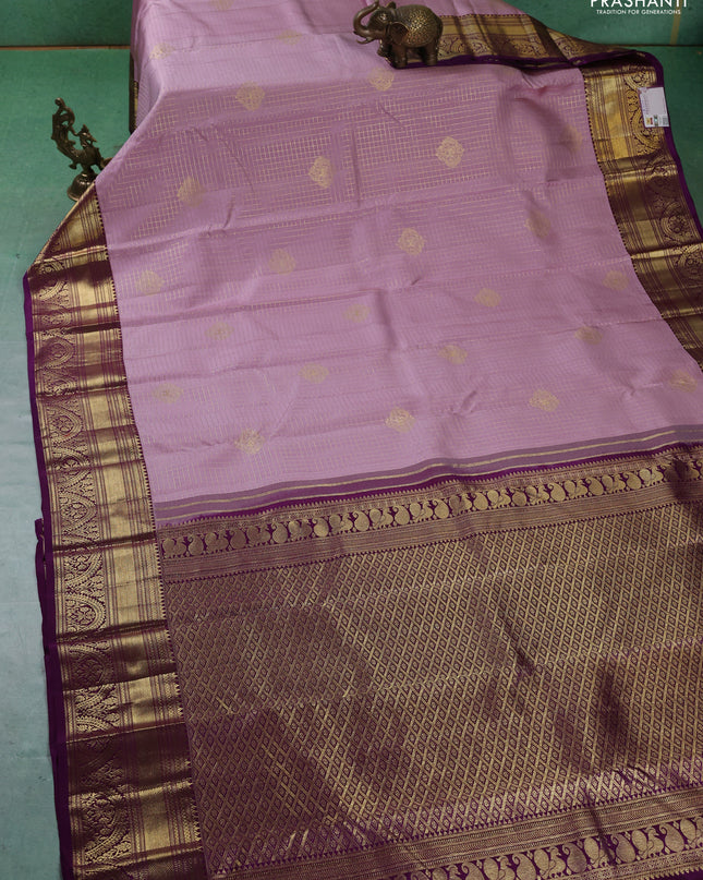 Pure kanchipuram silk saree pastel pink and purple with allover zari checks & buttas and zari woven korvai border