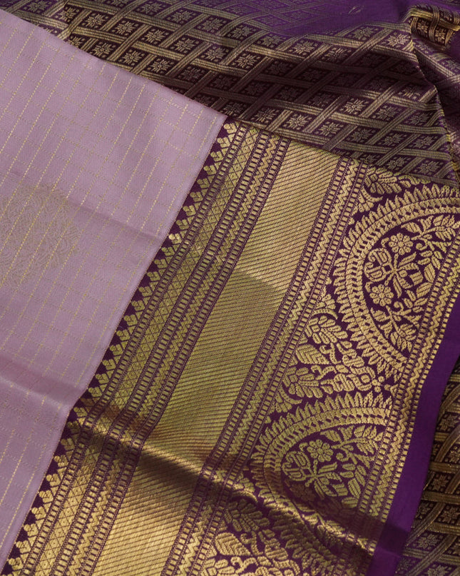Pure kanchipuram silk saree pastel pink and purple with allover zari checks & buttas and zari woven korvai border