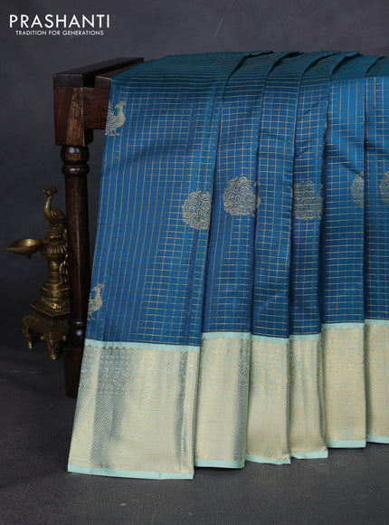 Pure kanchipuram silk saree peacock blue and pista green with allover zari checks & buttas and zari woven korvai border