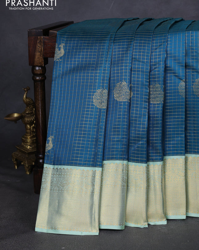 Pure kanchipuram silk saree peacock blue and pista green with allover zari checks & buttas and zari woven korvai border