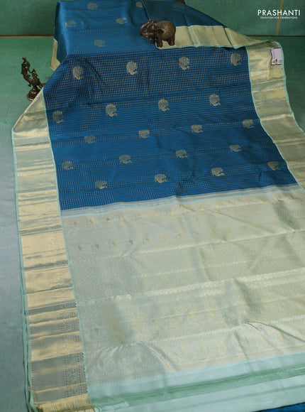 Pure kanchipuram silk saree peacock blue and pista green with allover zari checks & buttas and zari woven korvai border