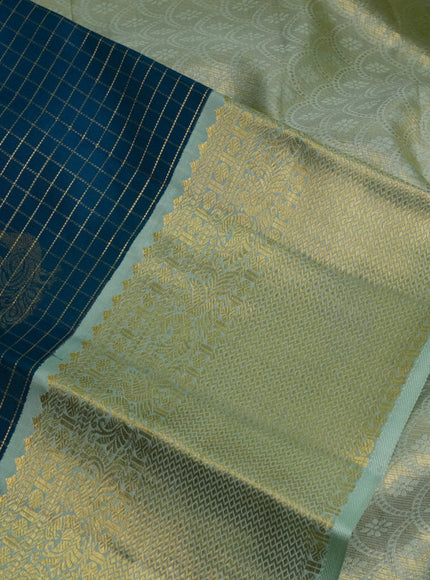 Pure kanchipuram silk saree peacock blue and pista green with allover zari checks & buttas and zari woven korvai border