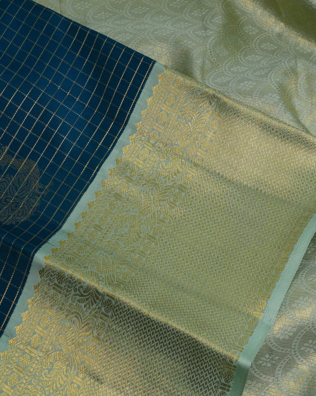 Pure kanchipuram silk saree peacock blue and pista green with allover zari checks & buttas and zari woven korvai border